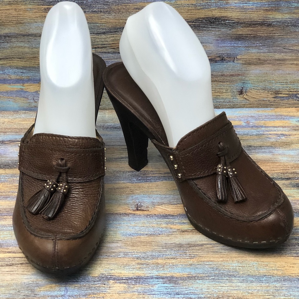 MICHAEL Michael Kors Women's Tassel Mules Leather Uppers Wooden Heels Size 8